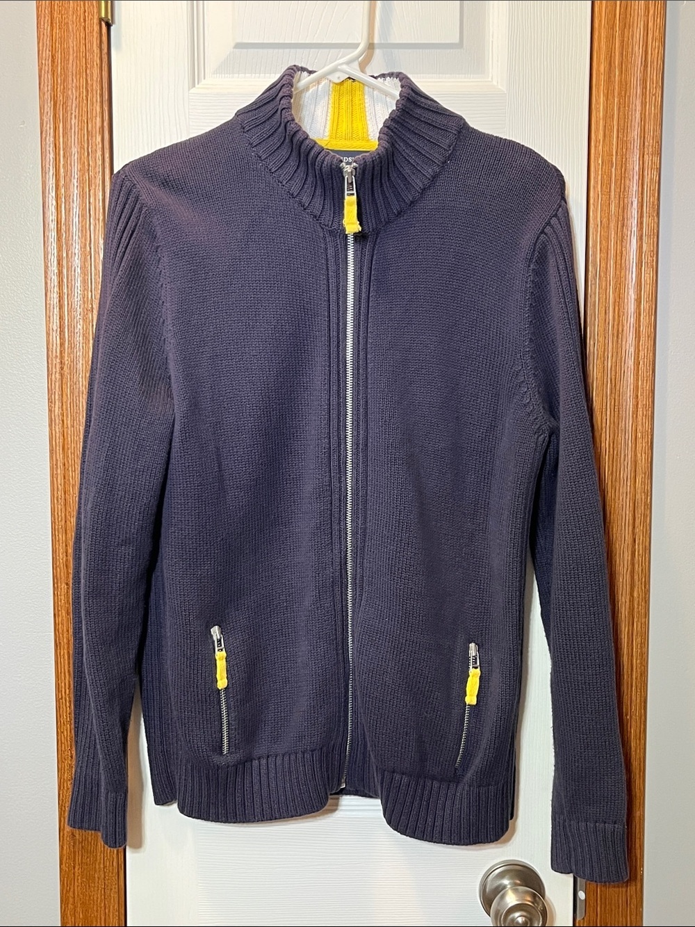 Lands’ End Navy Blue & Yellow 100% Cotton Zip Front Cardigan Sweater Women’s LP